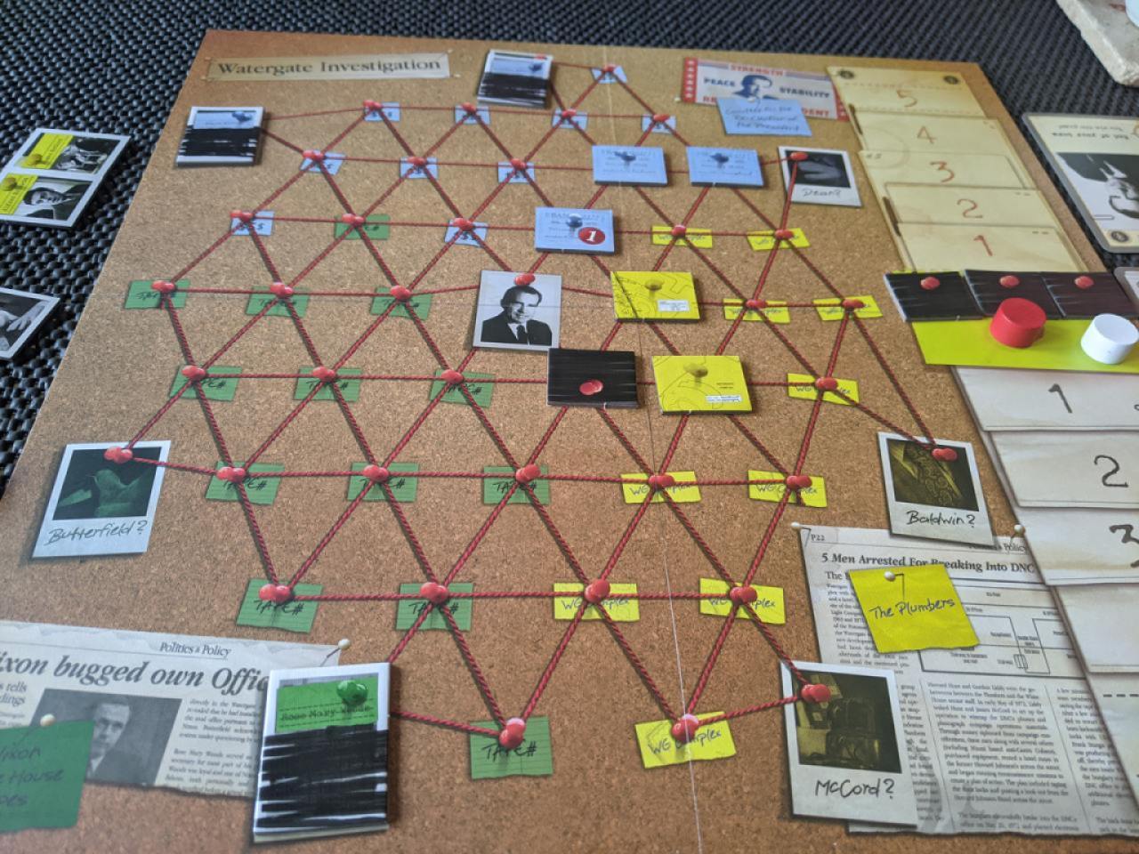 A picture of the watergate board, part way through the game. Some evidence tokens are on the board. 