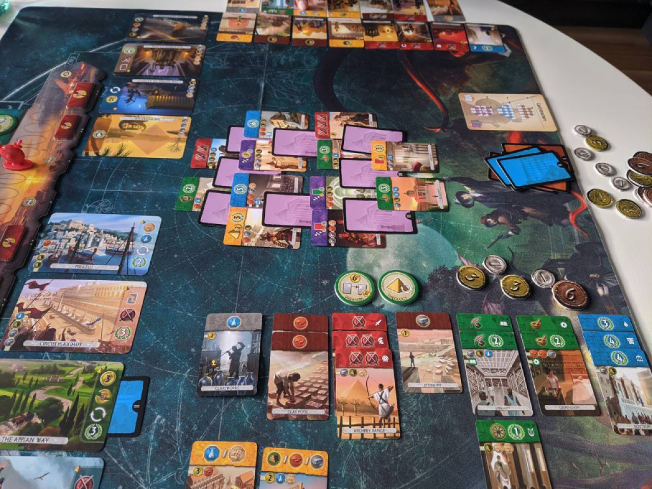 A game of 7 Wonders: Duel in the 3rd Age showing the layout of cards at the start of that age. 